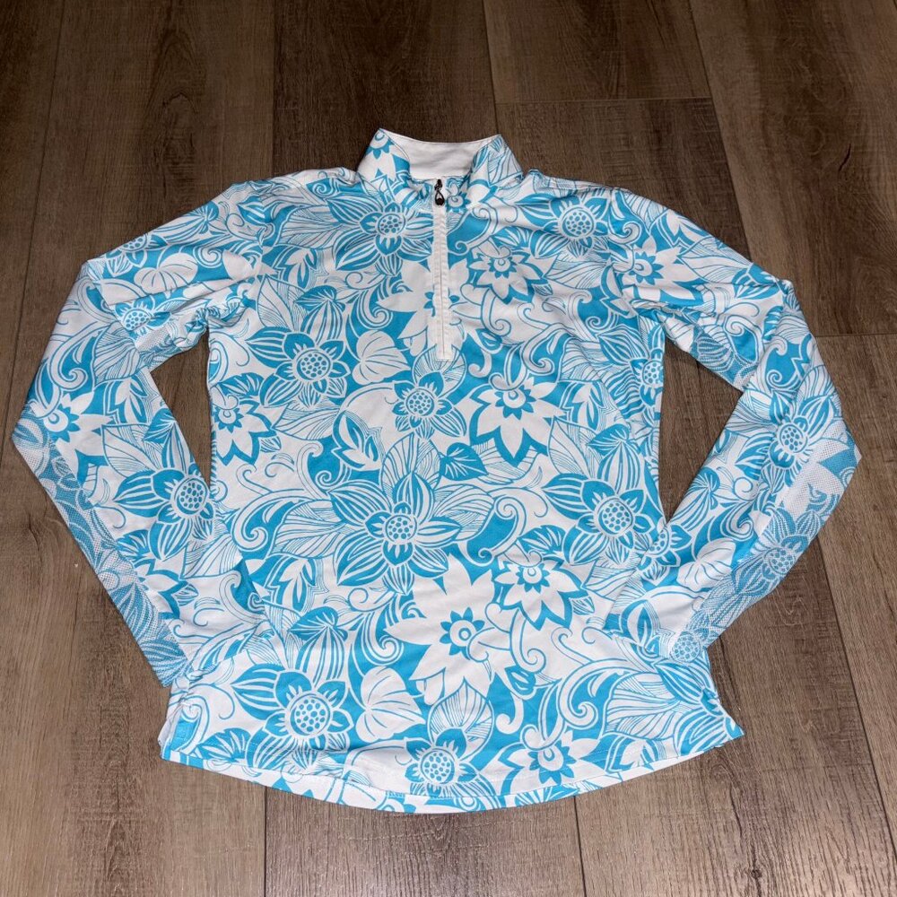 San Soleil 1/4 Zip Golf Sun Top Size XS Blue Floral Long Sleeve